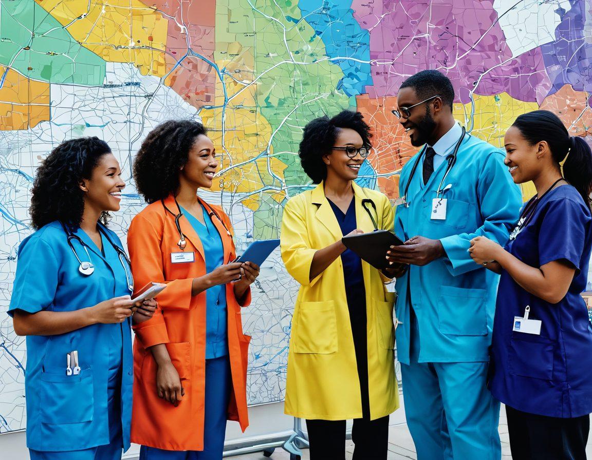 A vibrant scene depicting a diverse group of healthcare professionals collaborating over a digital map, symbolizing resource management. In the background, an urban landscape with hospitals and community health centers highlights healthcare access. People of various ethnicities and ages illustrate inclusivity in healthcare. Bright colors and dynamic elements emphasize the positive impact of NHSP. super-realistic. vibrant colors. 3D.