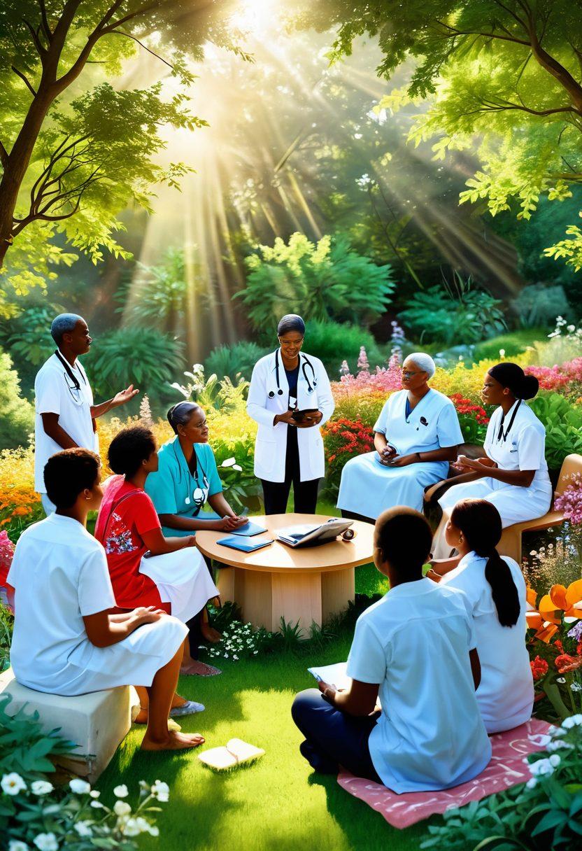 A serene and uplifting scene depicting a diverse group of patients and healthcare professionals engaged in supportive dialogue, surrounded by nature and modern wellness technology. Illustrate elements of telehealth, mindfulness, and community interaction, highlighting a bright future in patient support with warm, encouraging color tones. Incorporate symbols of empowerment like light rays or blooming flowers. vibrant colors. super-realistic.