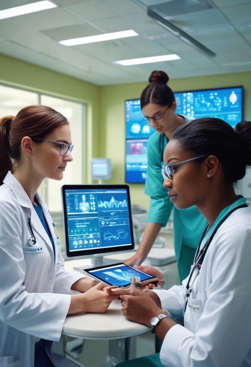 A dynamic scene depicting healthcare professionals collaborating in a high-tech hospital setting, with digital interfaces displaying patient data and care plans. Emphasize innovation through futuristic medical equipment and a diverse team of doctors and nurses engaging with patients using tablets. Include an aura of warmth and compassion among staff, suggesting improved patient outcomes. super-realistic. vibrant colors. 3D.